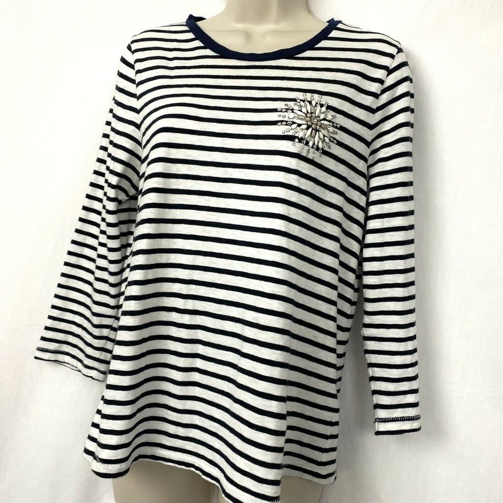 J Crew Snowflake Beaded Jewel Top Striped Black Navy White XXS
